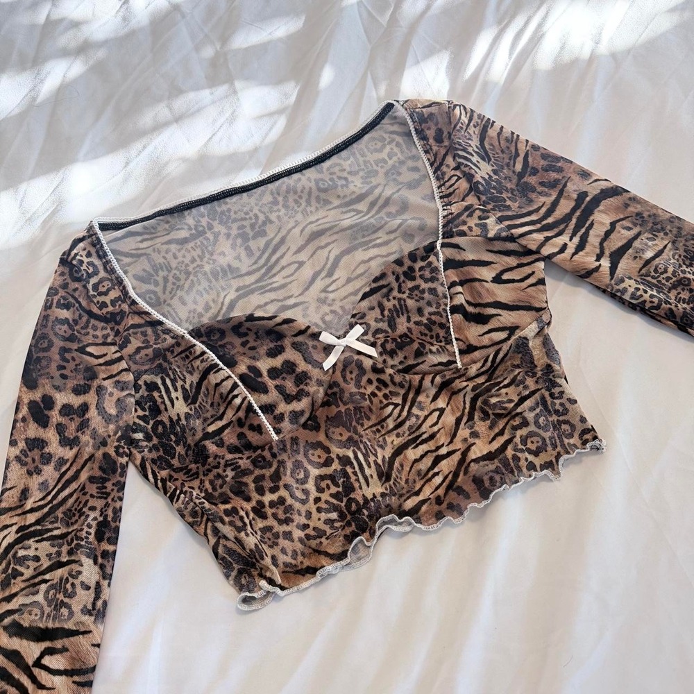 SHEIN Animal Print Mesh Crop Top Brown Leopard Zebra Bell Sleeve S